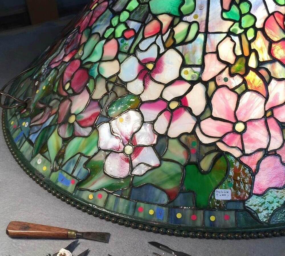 hollyhock tiffany lamp, hollyhock lamp shade, alexandra fontaine